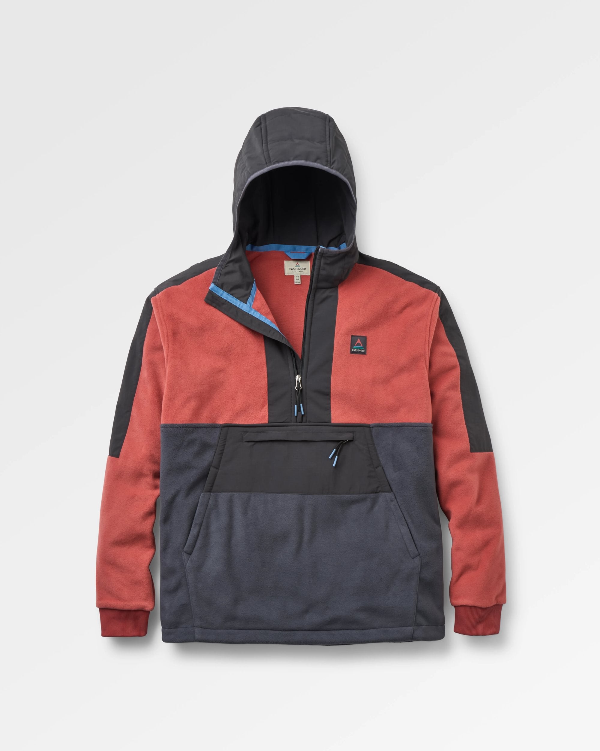 Woodland Hooded 1/2 Zip Recycled Polartec® Fleece - Redwood/Charcoal - Flatlay