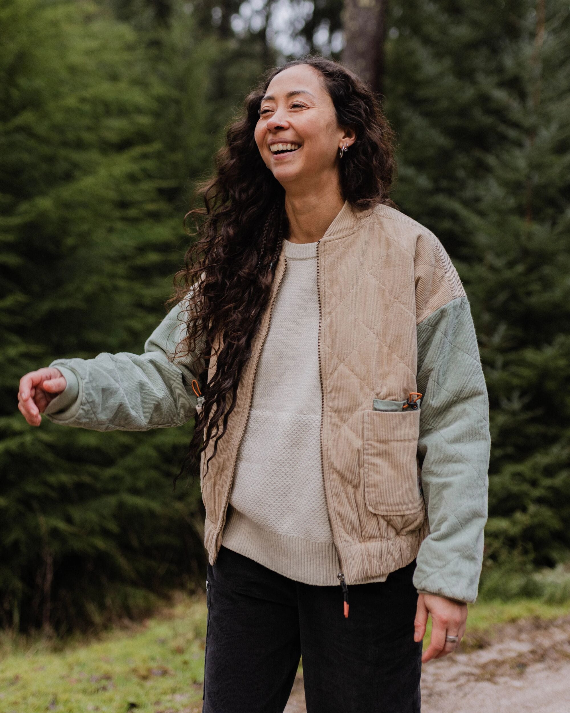 Lucia Quilted Cord Jacket - Stone/Pistachio - Lifestyle