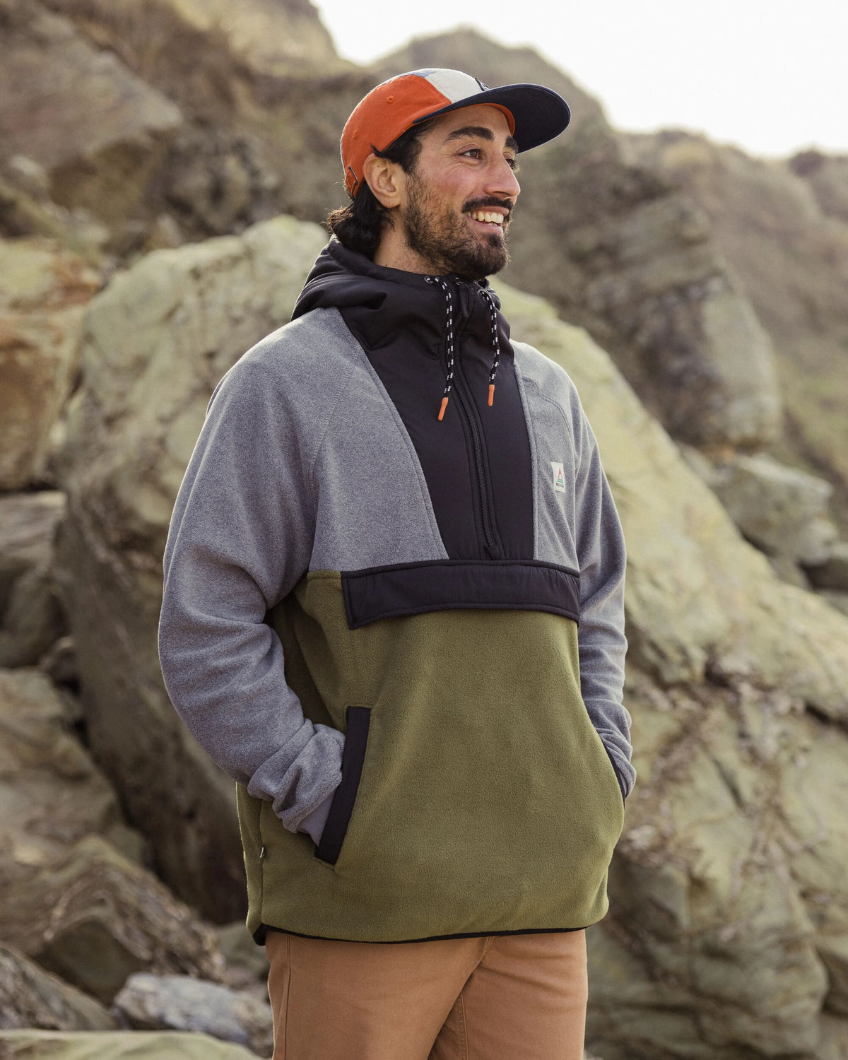 Woodland Hooded 1/2 Zip Polar Fleece - Grey Marl/Khaki - Lifestyle
