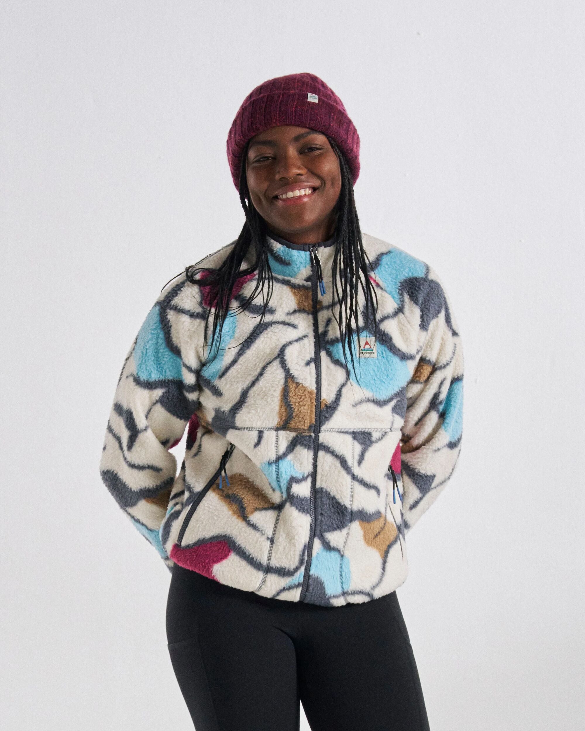 Fairbanks Full Zip Recycled Sherpa Fleece - Abstract Trails Off White - Studio Model