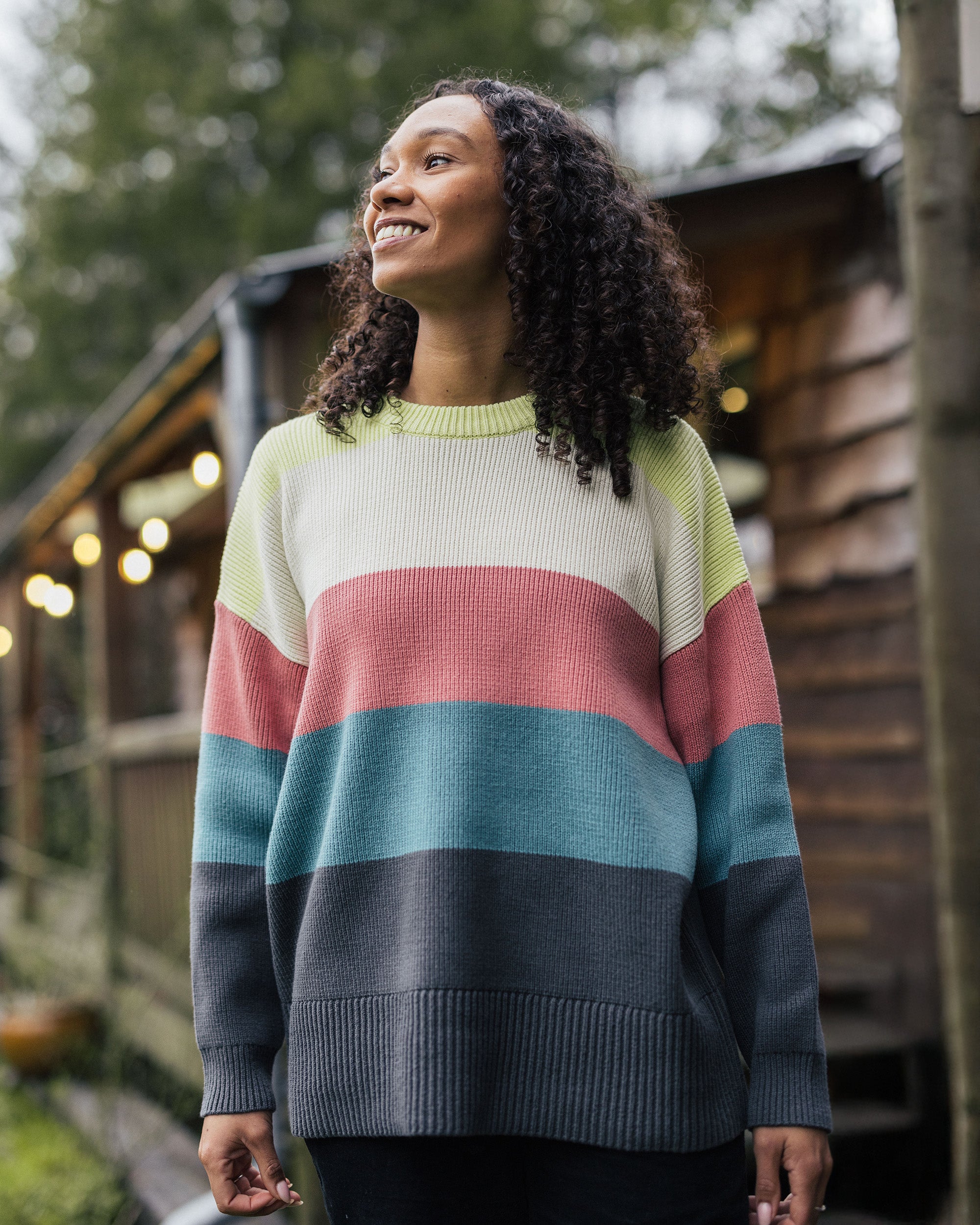 Moments Oversized Organic Knitted Jumper - Lime Multi Stripe - Lifestyle