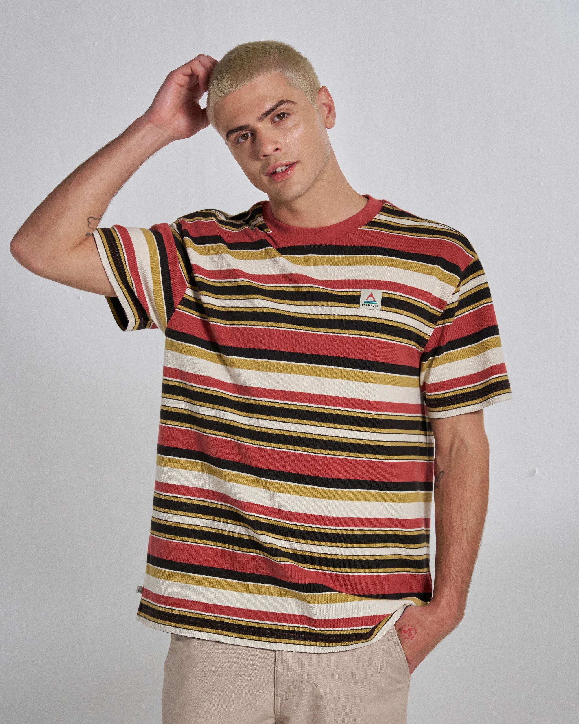 Wild Pine Stripe T-Shirt - Redwood Multi Stripe - Studio Model