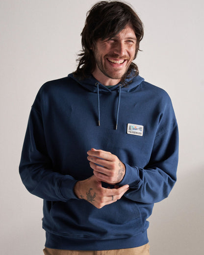 Roamer Patch Relaxed Fit Hoodie - Dark Denim - Studio Model
