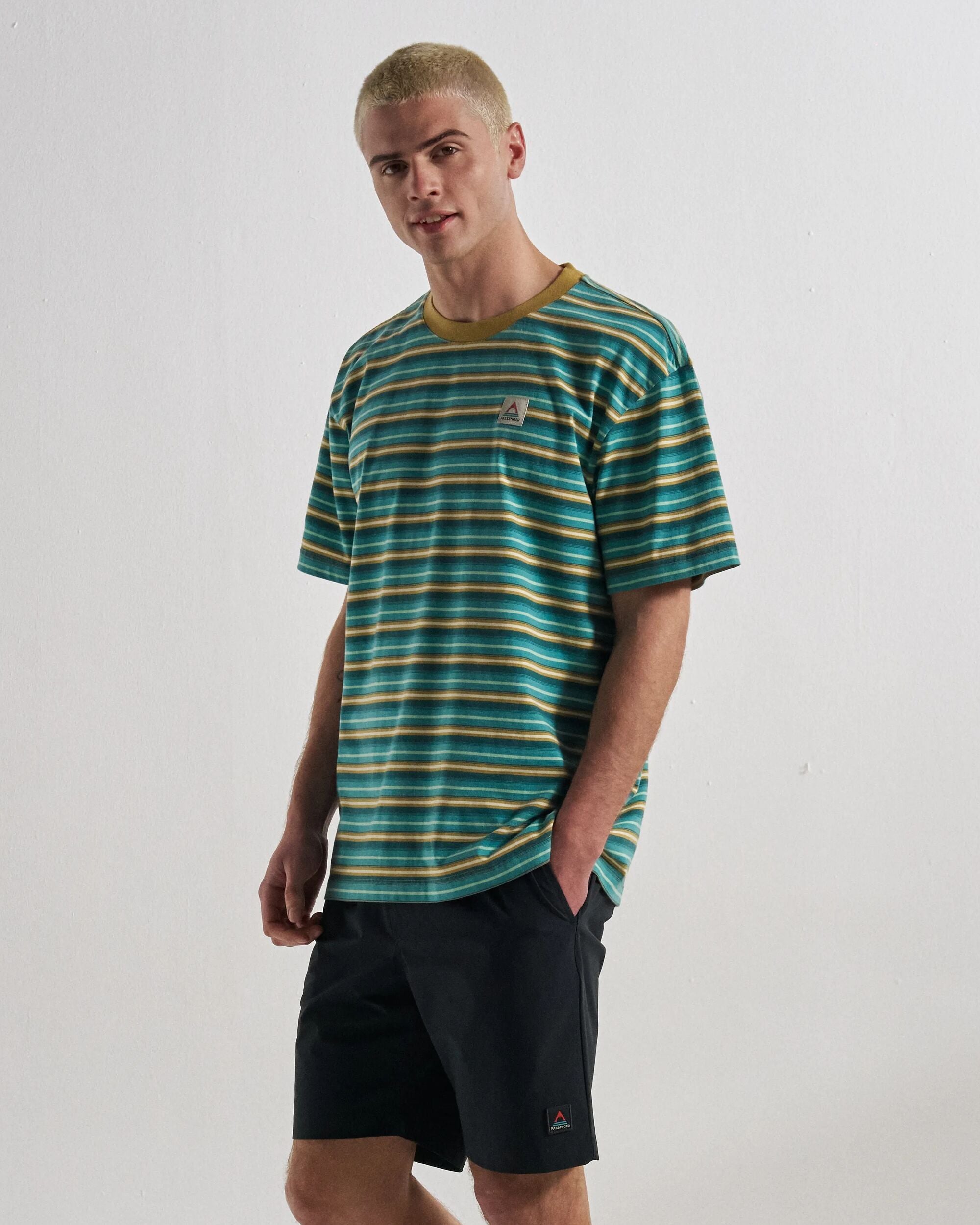 Retro Relaxed Fit T-Shirt - Ocean Teal Multi Stripe - Studio Model