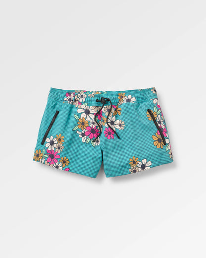 Way Out Short - Floral Grid Ocean Teal - Flatlay