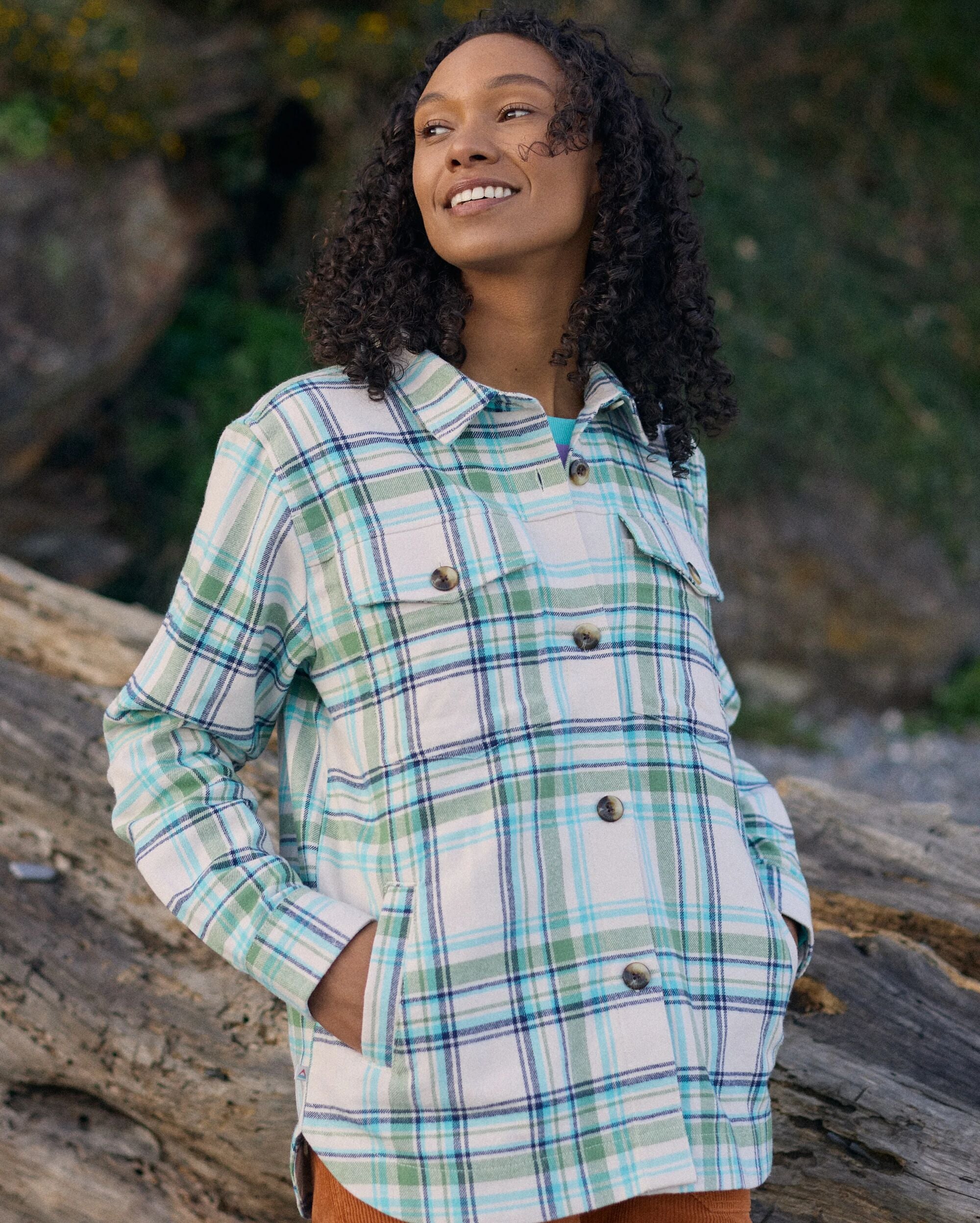 Stella Organic Cotton LS Shirt - Vintage White/Stem Green Check - Lifestyle