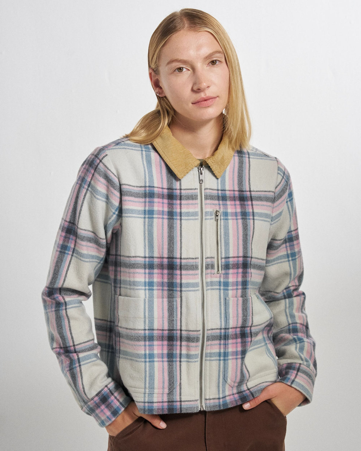 Bramble Overshirt - White Sand/Pink Haze Check - Studio Model
