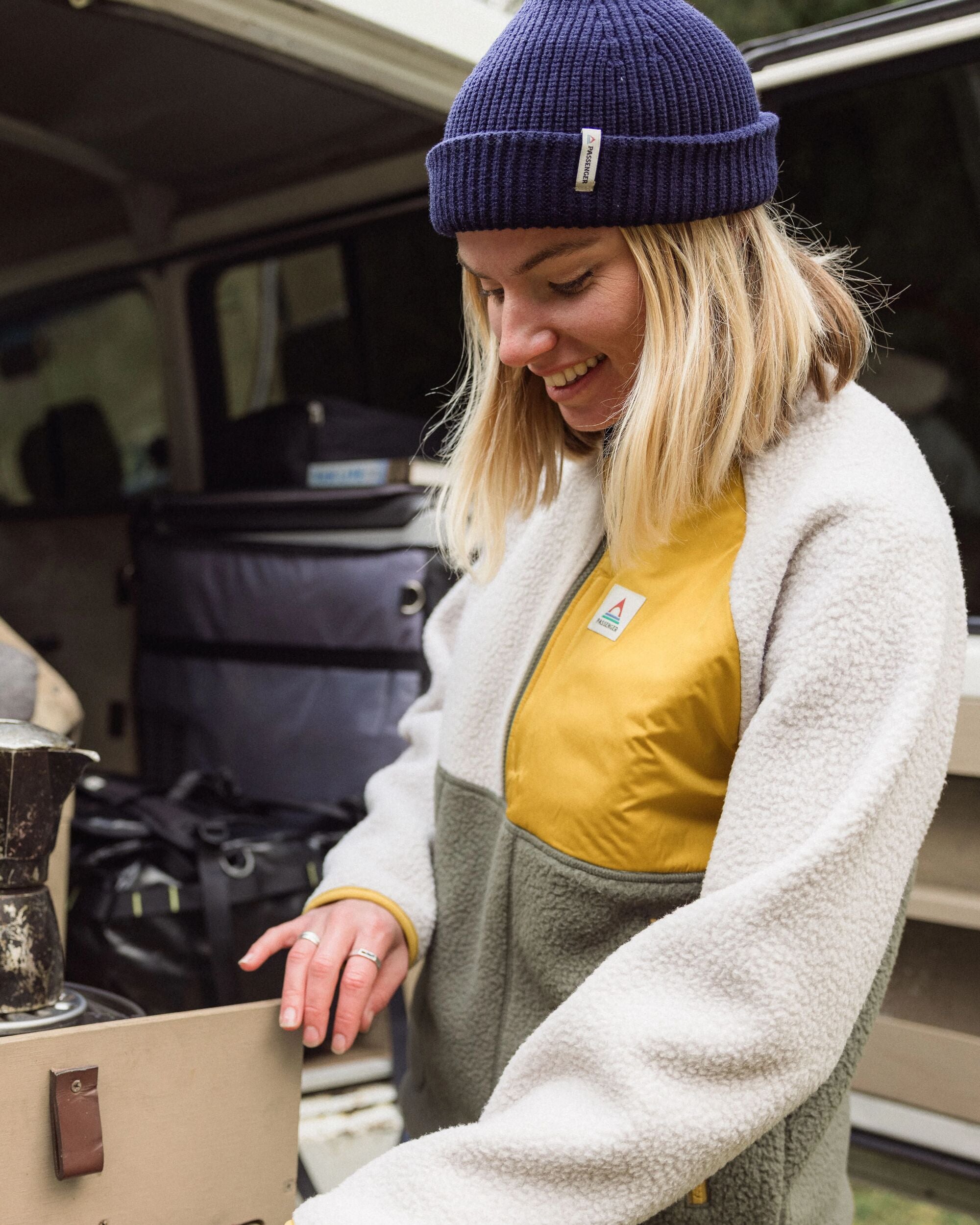 Home Recycled Sherpa Fleece - Vintage White/Dusty Olive - Lifestyle