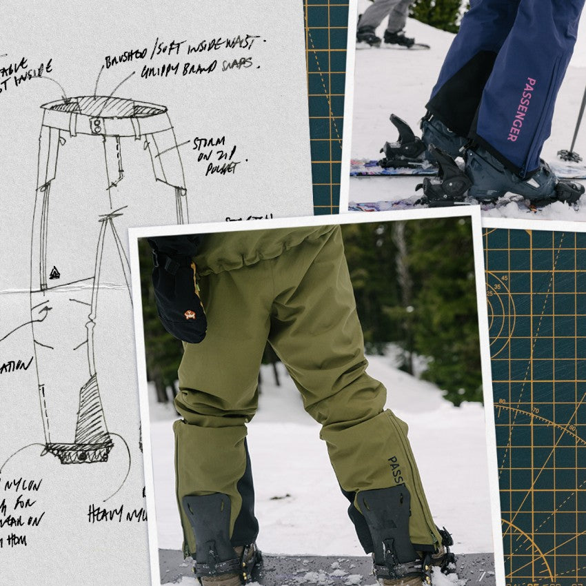 A layout showing some of the sketches and photography explaining the snow pants and bib construction