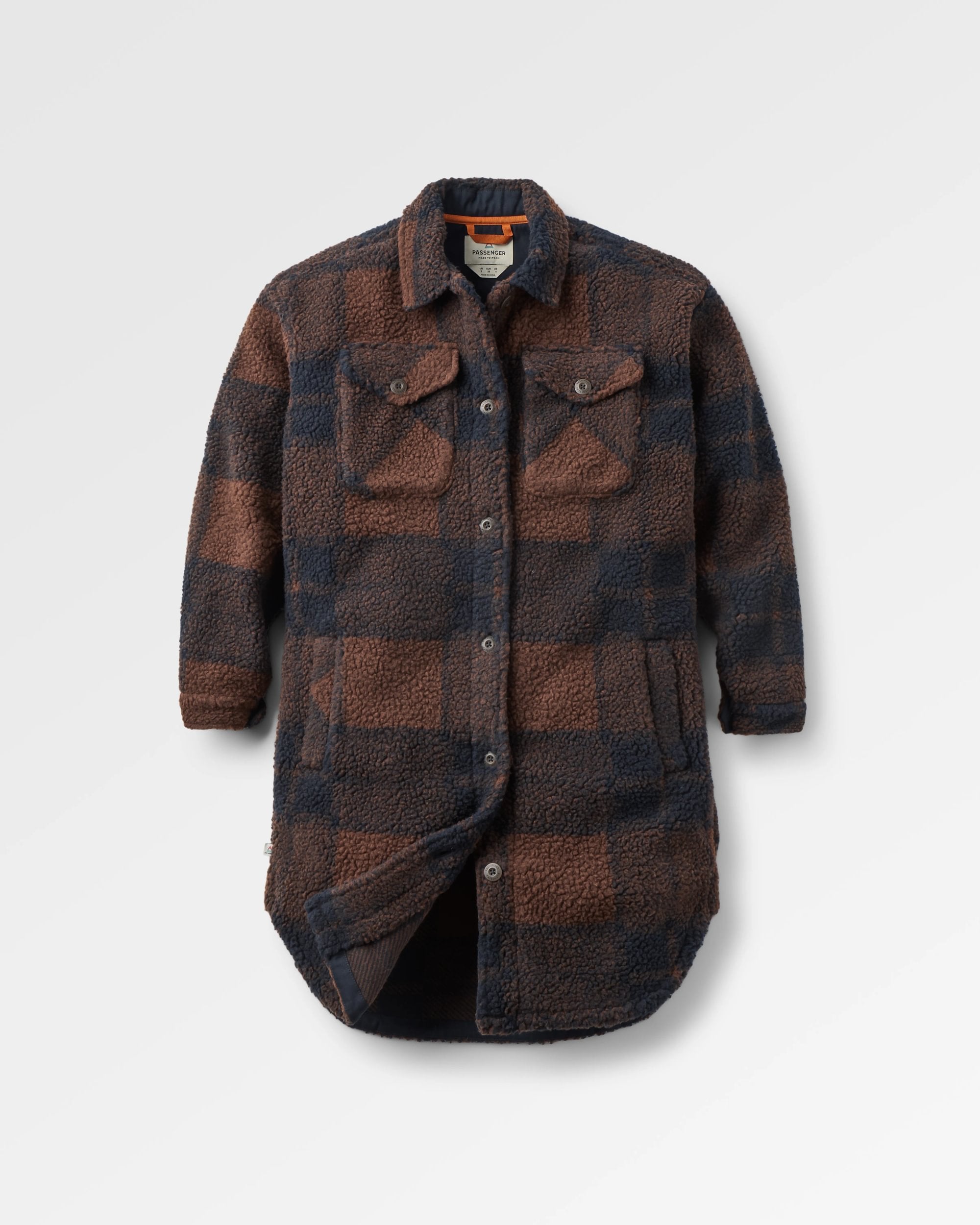 Cloudy Recycled Sherpa Fleece Shirt - Chestnut/Deep Navy Check - Flatlay