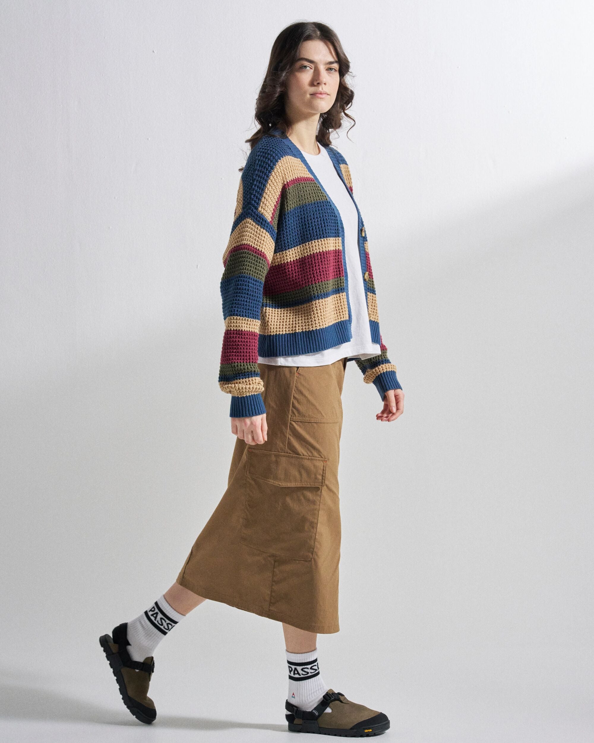 Reflection Open Knit Stripey Cardigan - Dusty Olive Multi Stripe - Studio Model