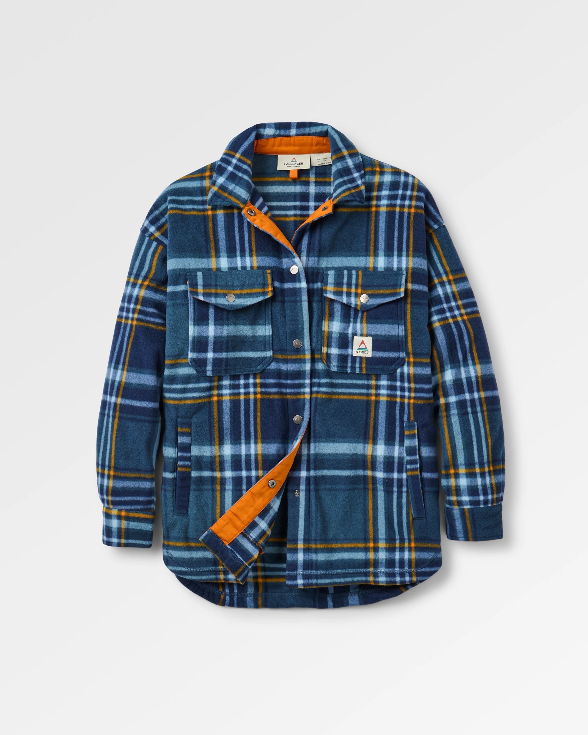 East Recycled Polar Fleece Shirt - Rich Navy/Faded Denim Check - Flatlay