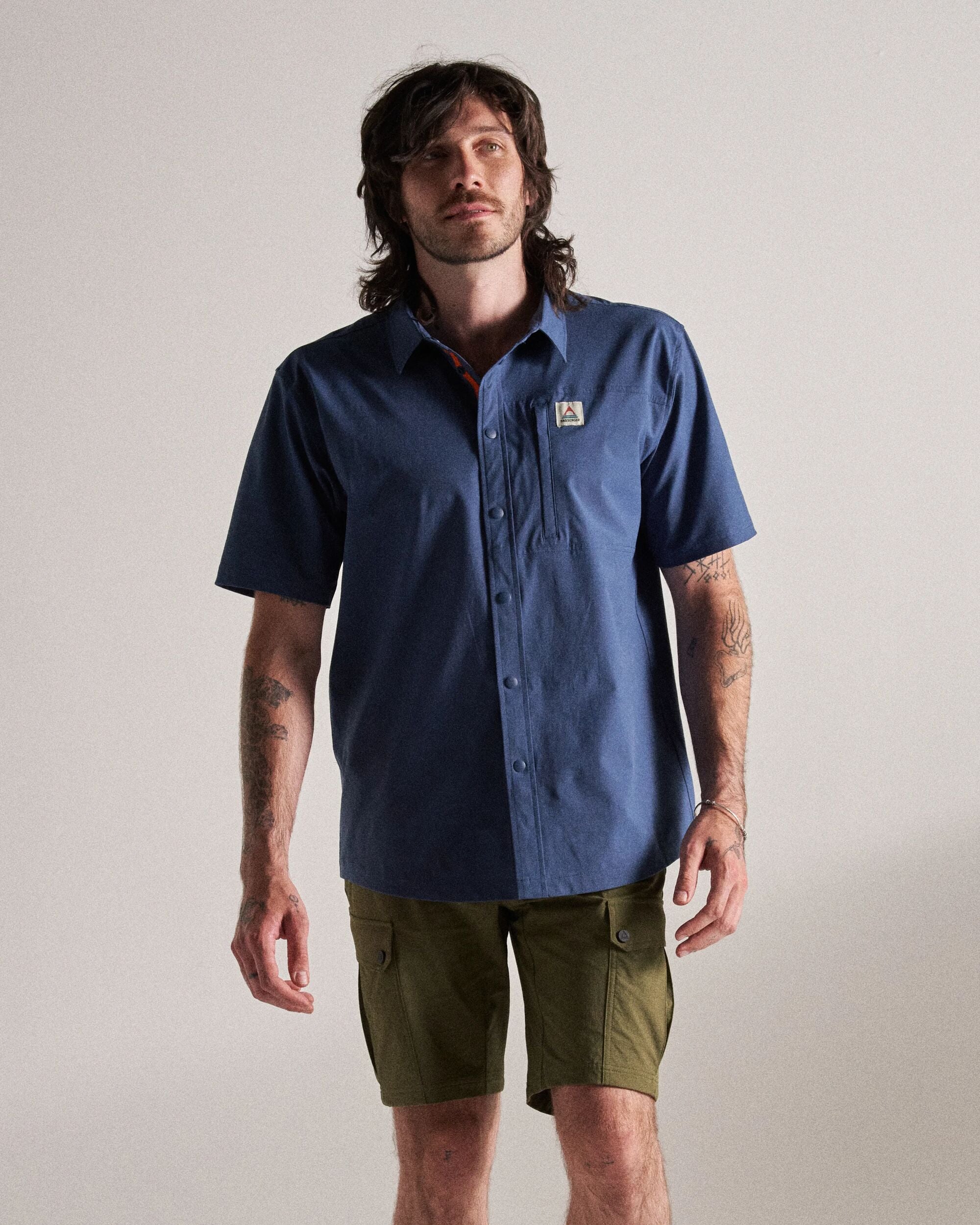 Traveller Short Sleeve Stretch Shirt - Dark Denim - Studio Model