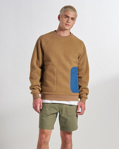 Offgrid Sherpa Crew Fleece - Caramel Brown - Studio Model