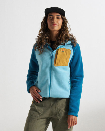 Sierrascape Women's Recycled Polartec® Fleece Hoodie - Retro Blue/Tidal Blue - Studio Model