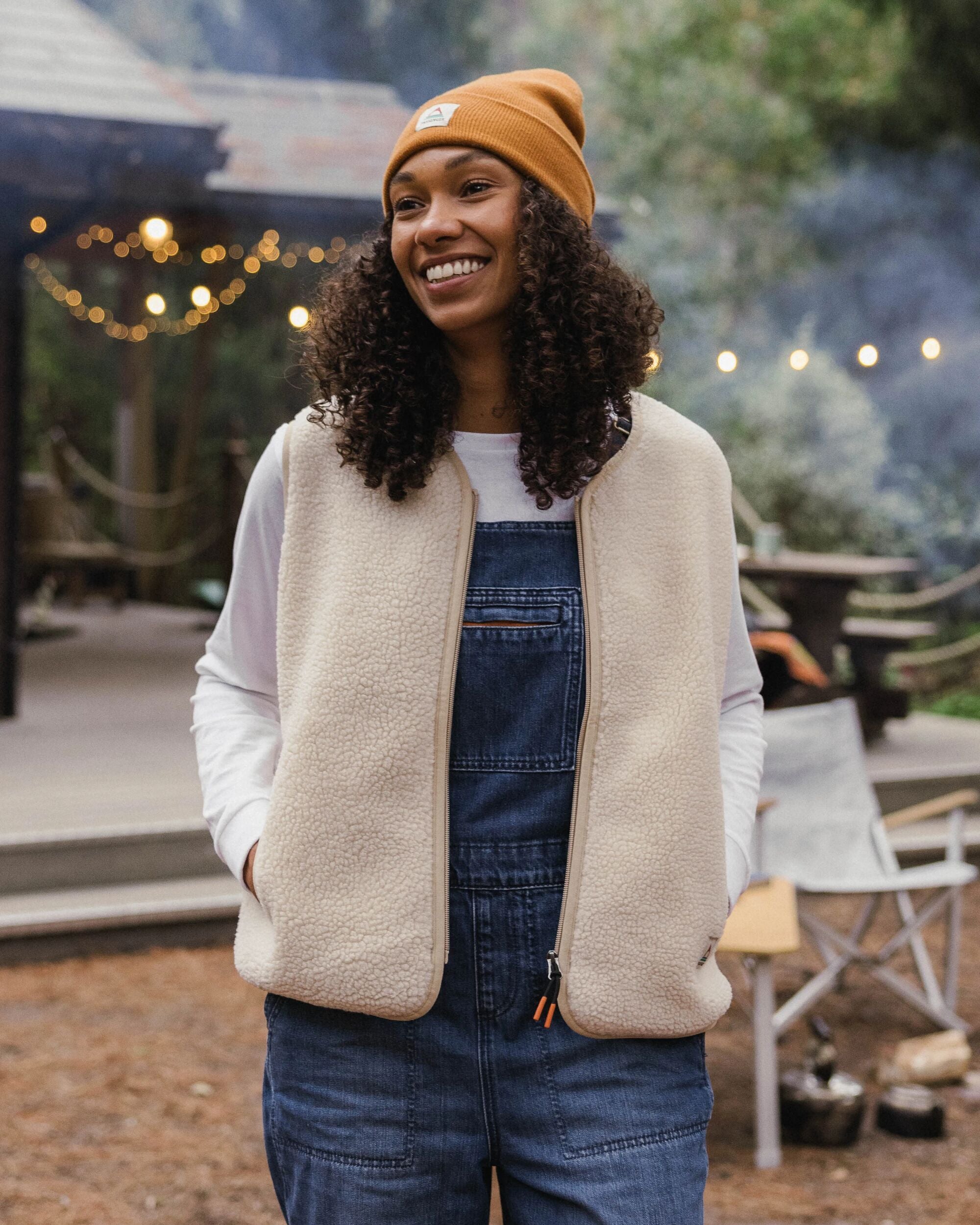 Tawny Collarless Deep-Pile Sherpa Gilet - Oat - Lifestyle