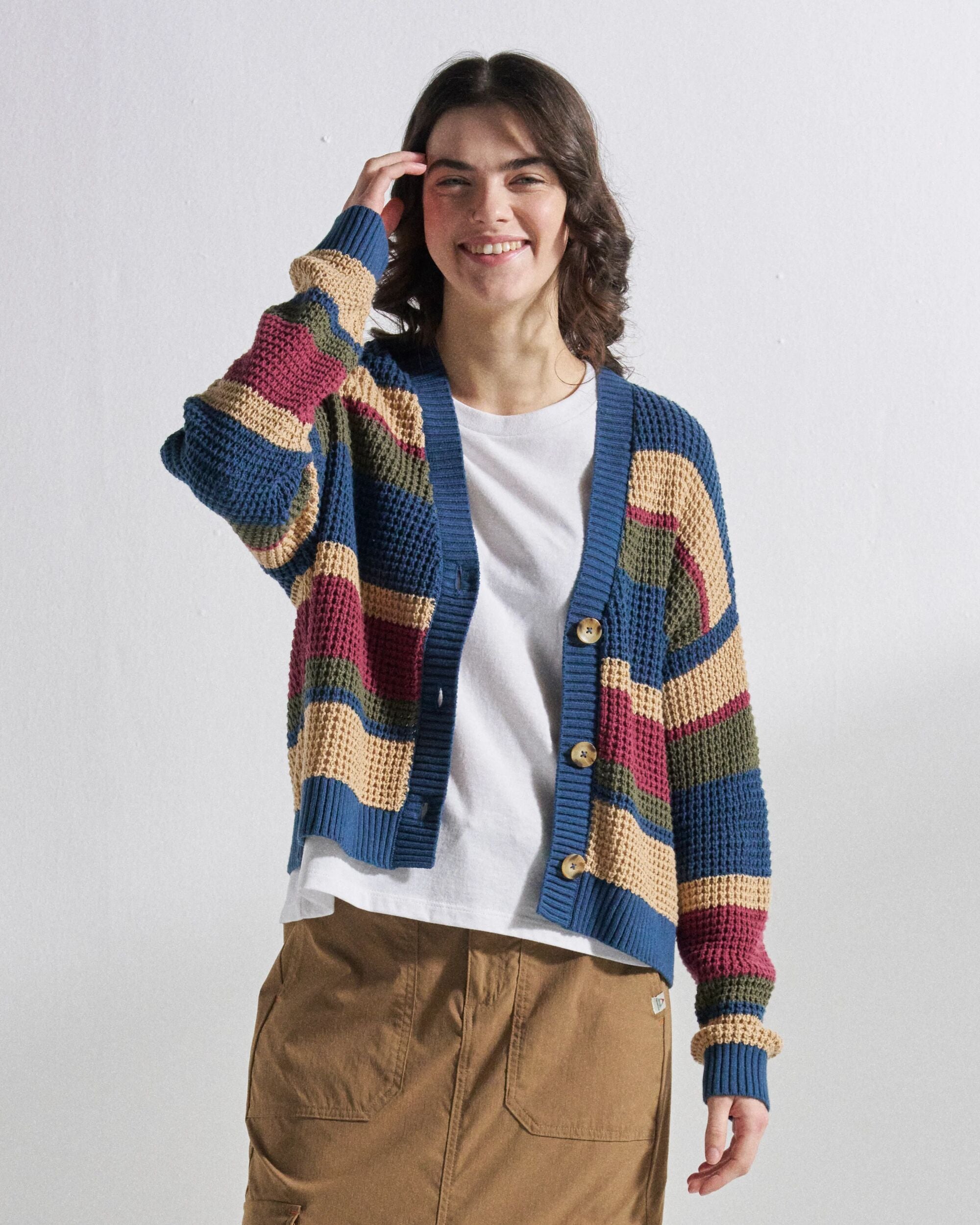 Reflection Open Knit Stripey Cardigan - Dusty Olive Multi Stripe - Studio Model