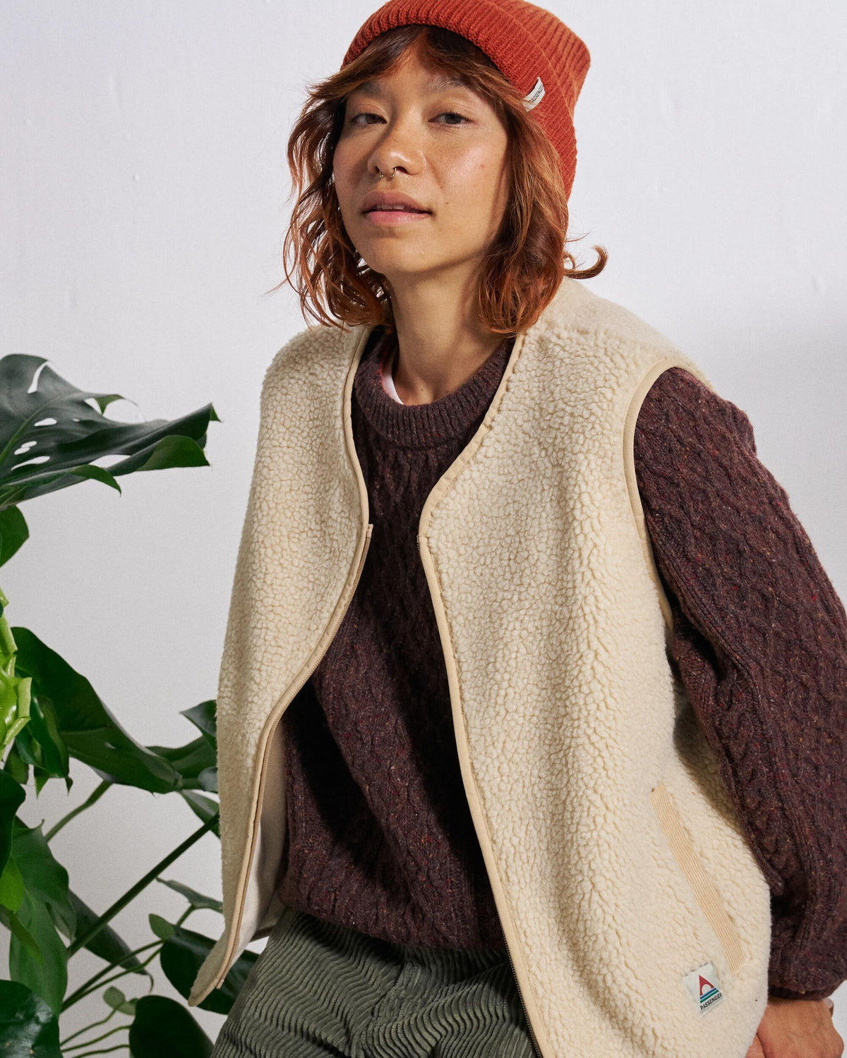 Tawny Collarless Deep-Pile Sherpa Gilet - Oat - Studio Model