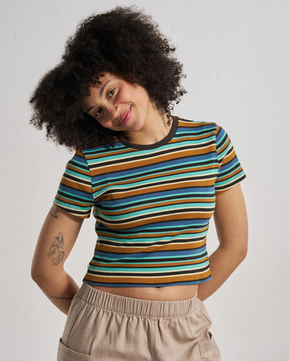 Out There Ribbed Cropped T-Shirt - Espresso Multi Stripe - Studio Model