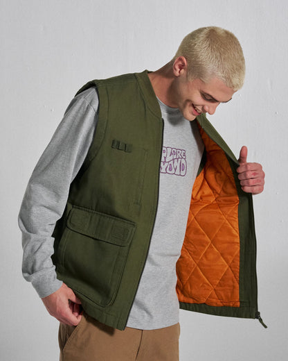 Explorers Organic Cotton Canvas Gilet - Khaki - Studio Model