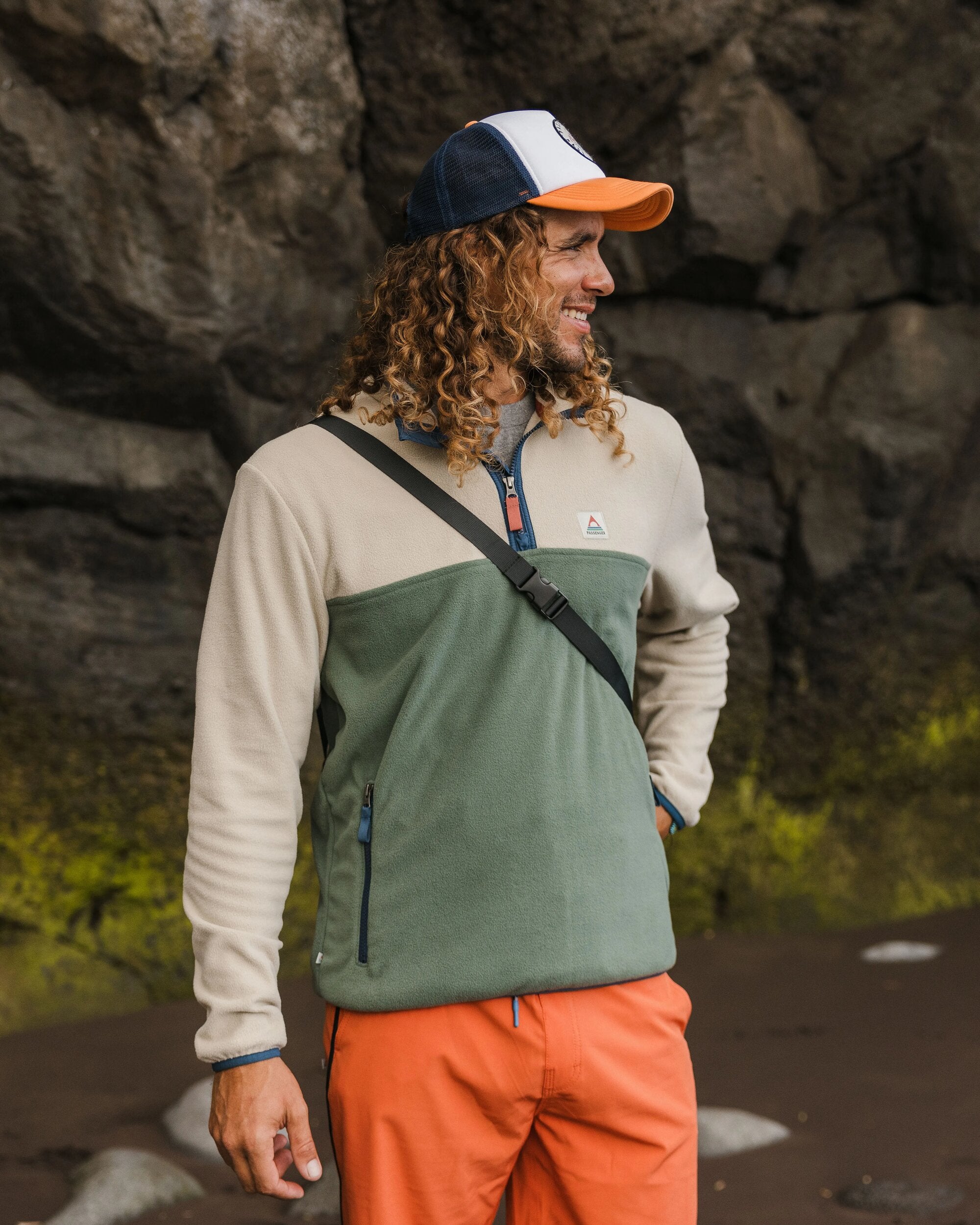 Set Off Recycled Polar 1/4 Zip Fleece - Oatmeal/ Dark Forest - Lifestyle