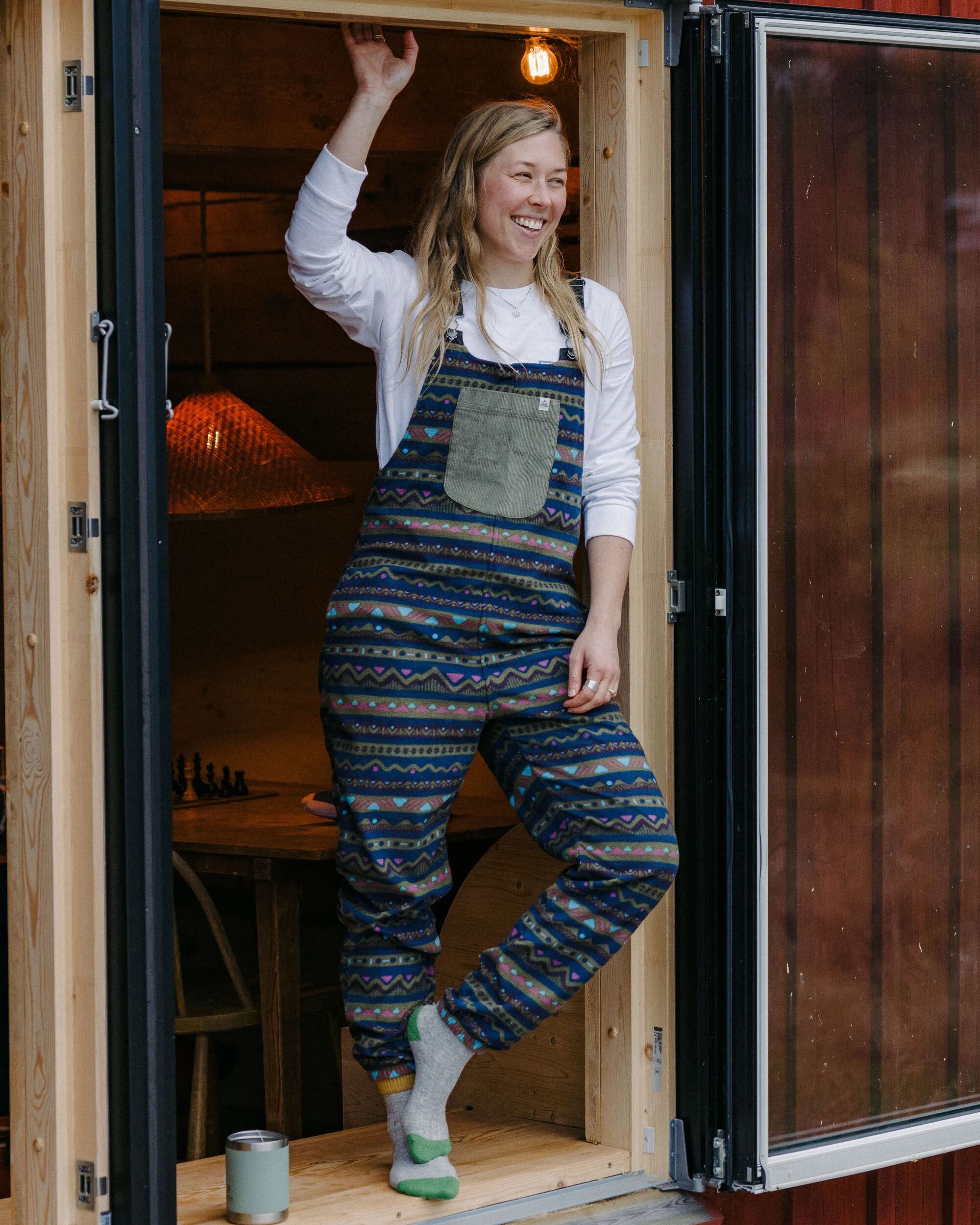 Ace Recycled Polar Fleece Dungarees - Mountain Geo Multi - Lifestyle