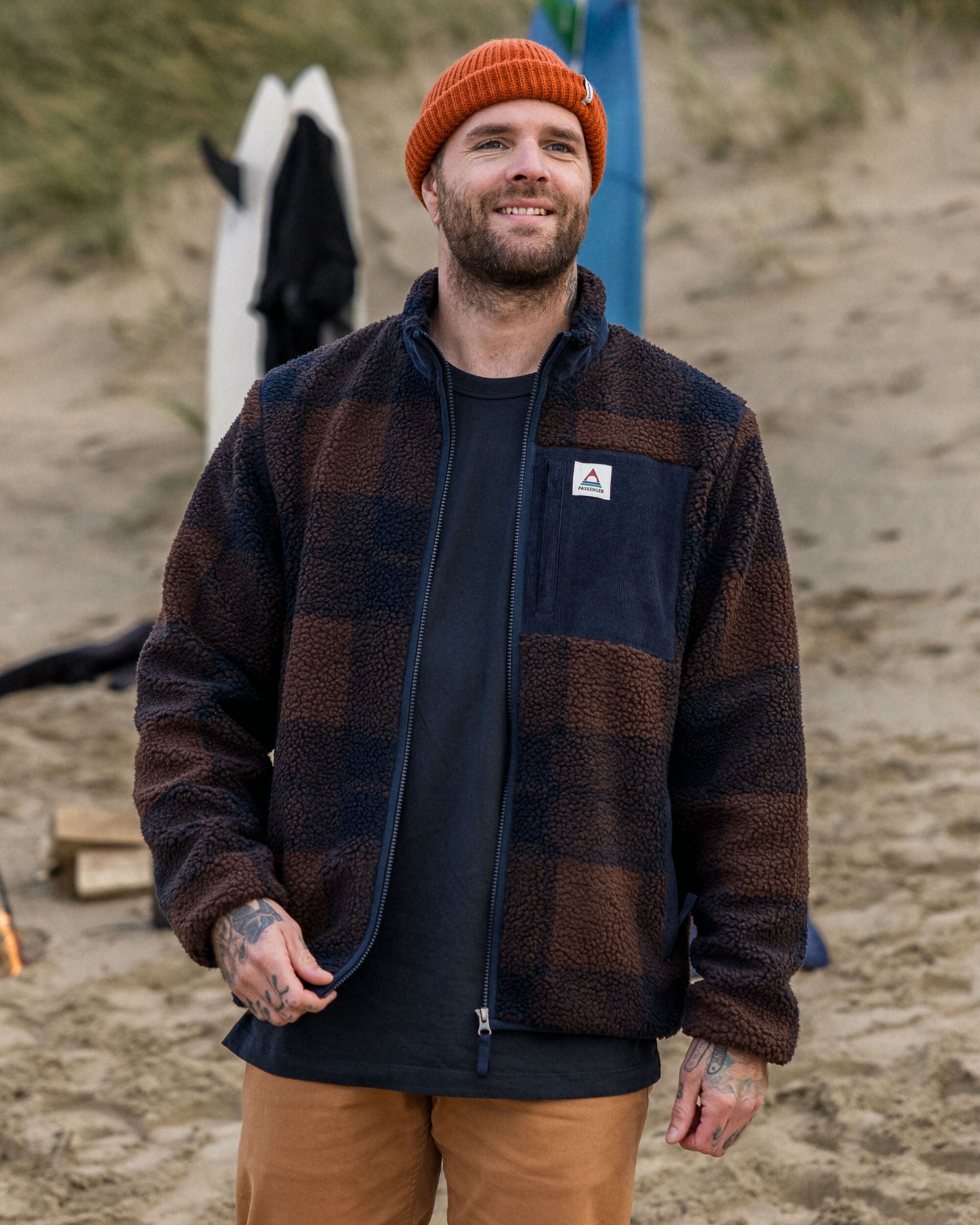 Trekker Recycled Deep-Pile Sherpa Fleece - Chestnut/Deep Navy Check - Lifestyle