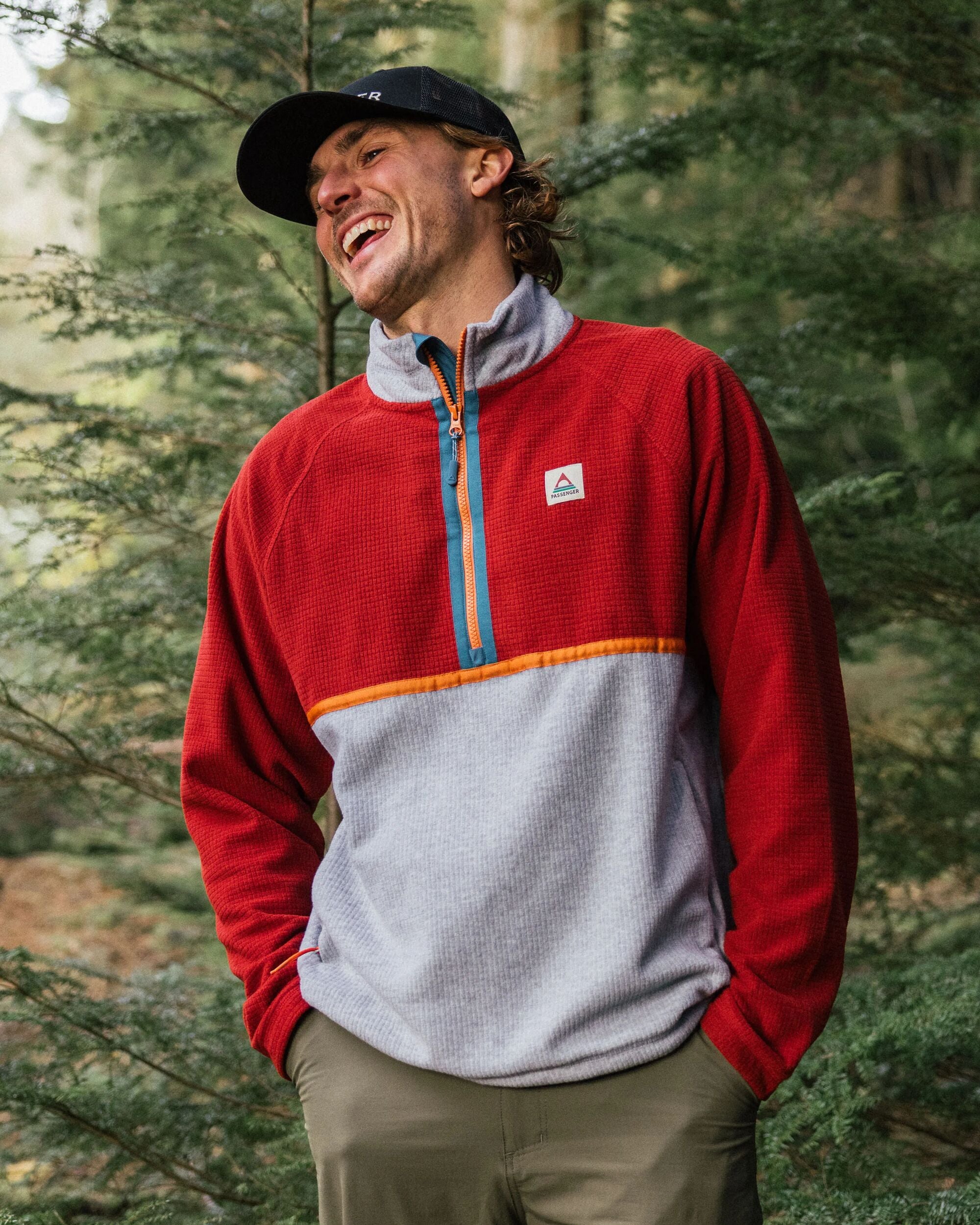 Overlook Recycled Grid Polar Fleece - Red Ochre/Grey Marl - Lifestyle