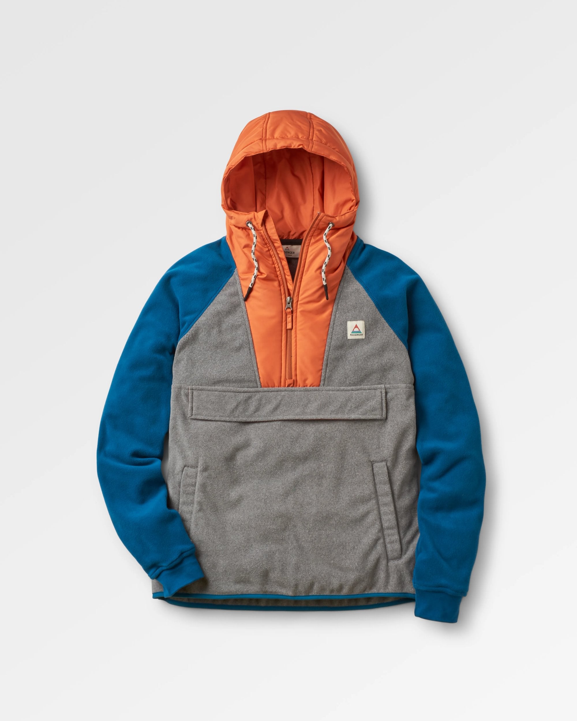 Woodland Hooded 1/2 Zip Recycled Polar Fleece - Grey Marl/ Tidal Blue - Flatlay