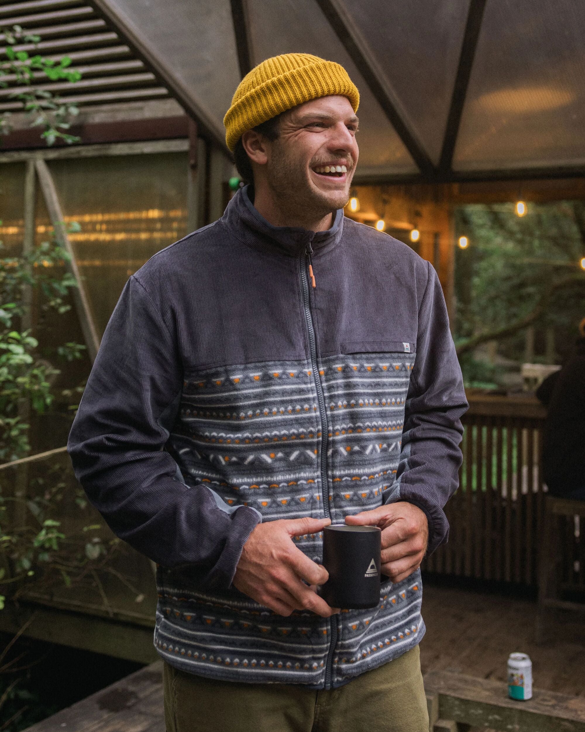 Somewhere Recycled Fleece - Geo Tracks Charcoal - Lifestyle