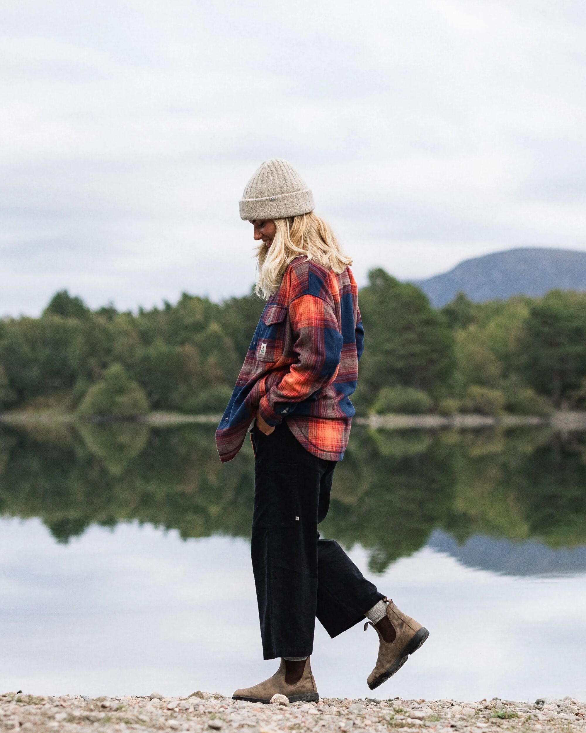 East Recycled Polar Fleece Shirt - Rich Navy/ Red Ochre Check - Lifestyle