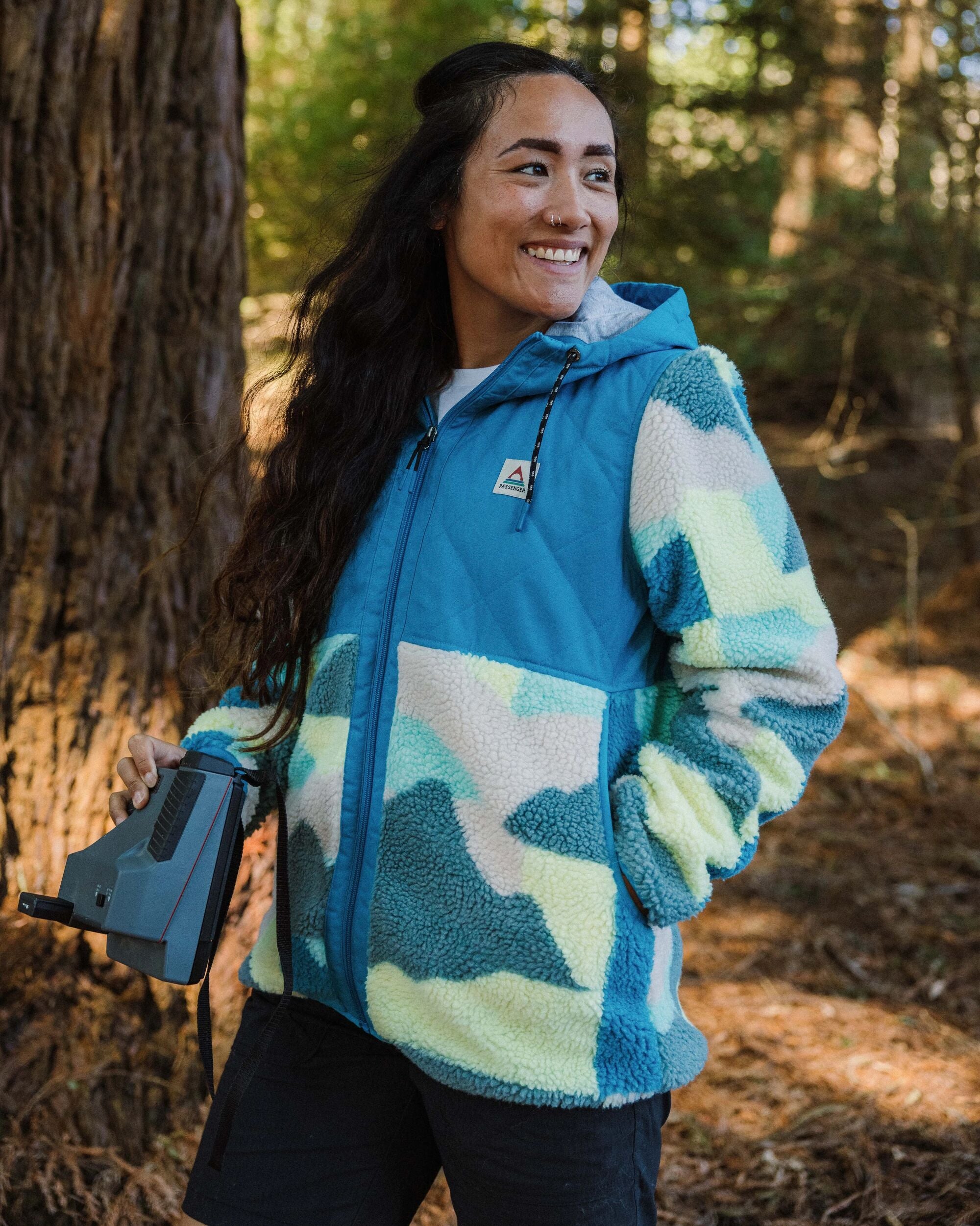 Sefton Recycled Deep-Pile Sherpa Full Zip Fleece - Vista Patchwork Aqua - Lifestyle
