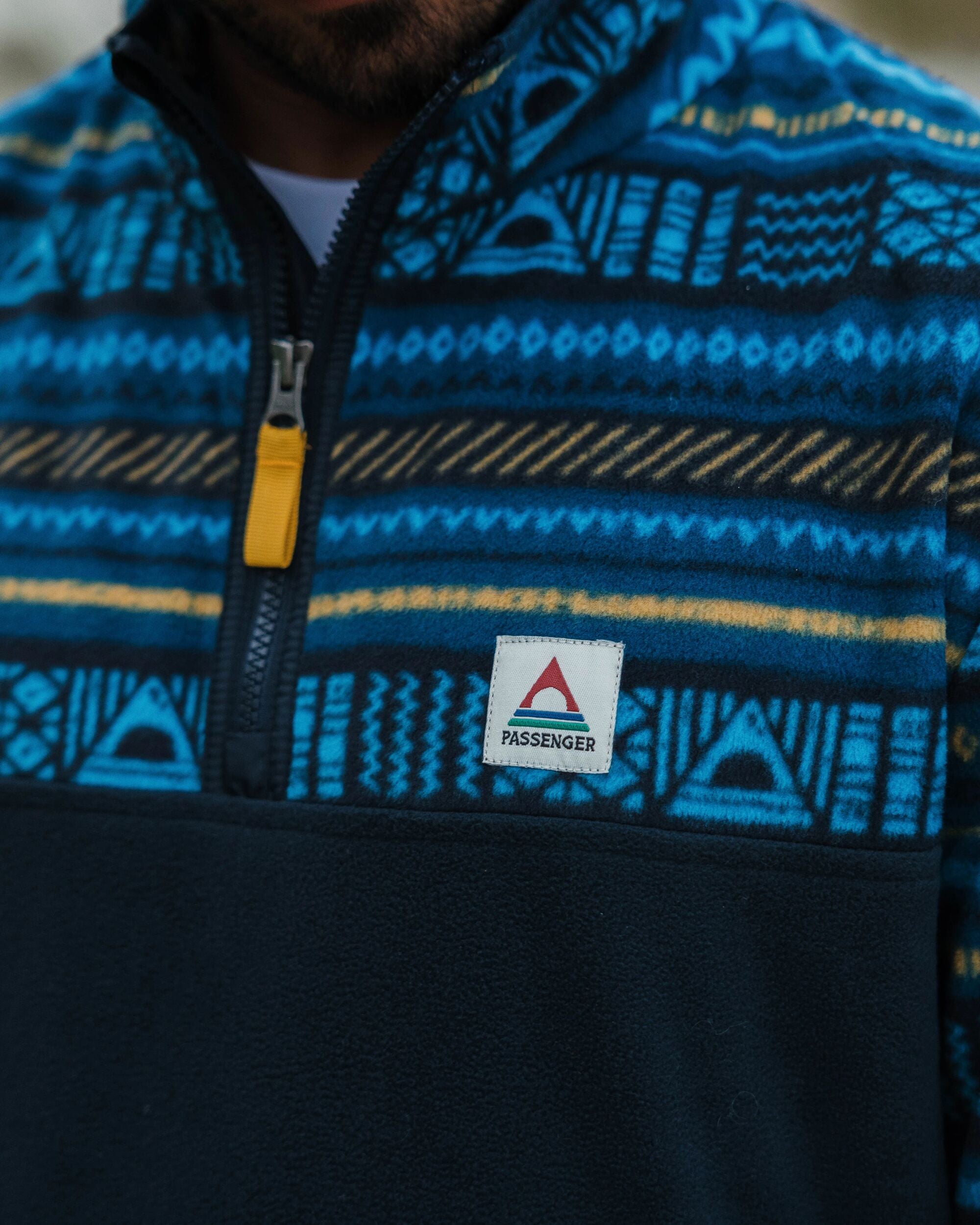 Set Off Recycled Polar 1/4 Zip Fleece - Patchwork Stripe Tidal Blue/ Deep Navy - Lifestyle