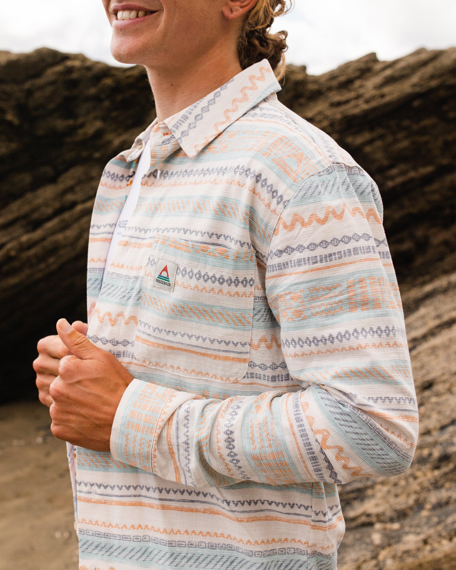 Amboro Organic Cotton Shirt - Patchwork Stripe Birch - Lifestyle