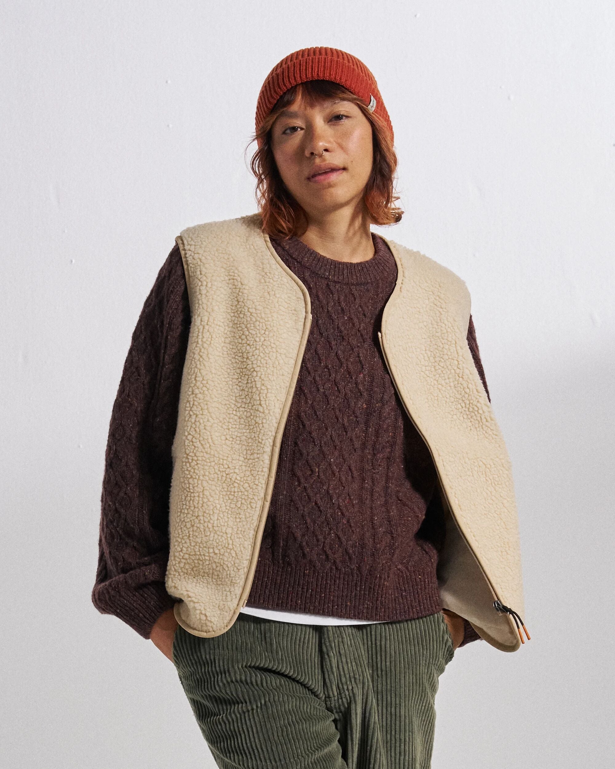 Tawny Collarless Deep-Pile Sherpa Gilet - Oat - Studio Model