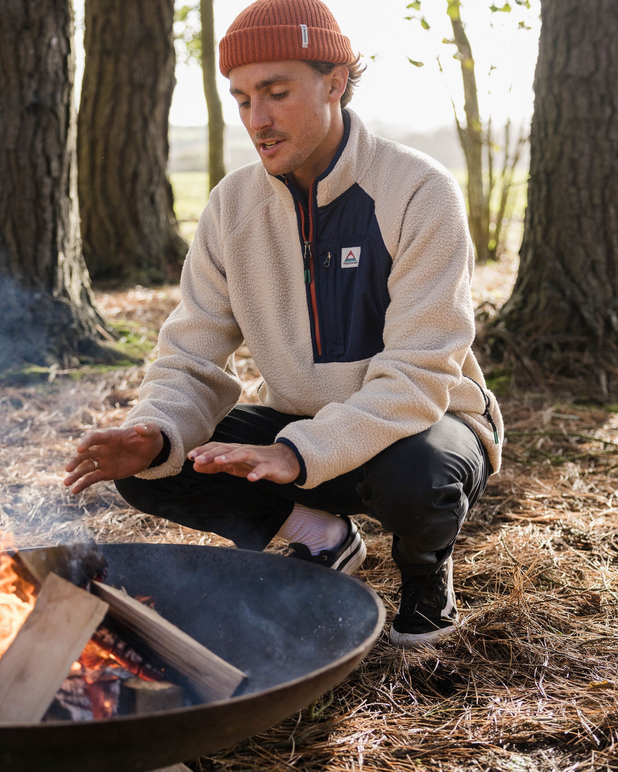 Offgrid 1/2 Zip Recycled Sherpa Fleece - Oatmeal/Navy - Lifestyle