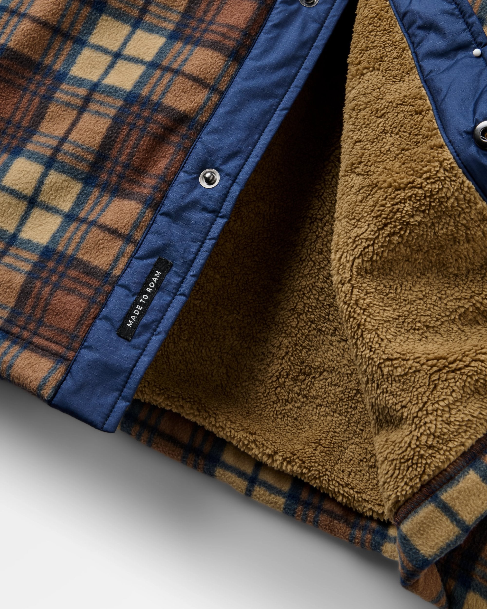Firelight Sherpa Lined Overshirt - Rich Navy/Caramel Check - Flatlay