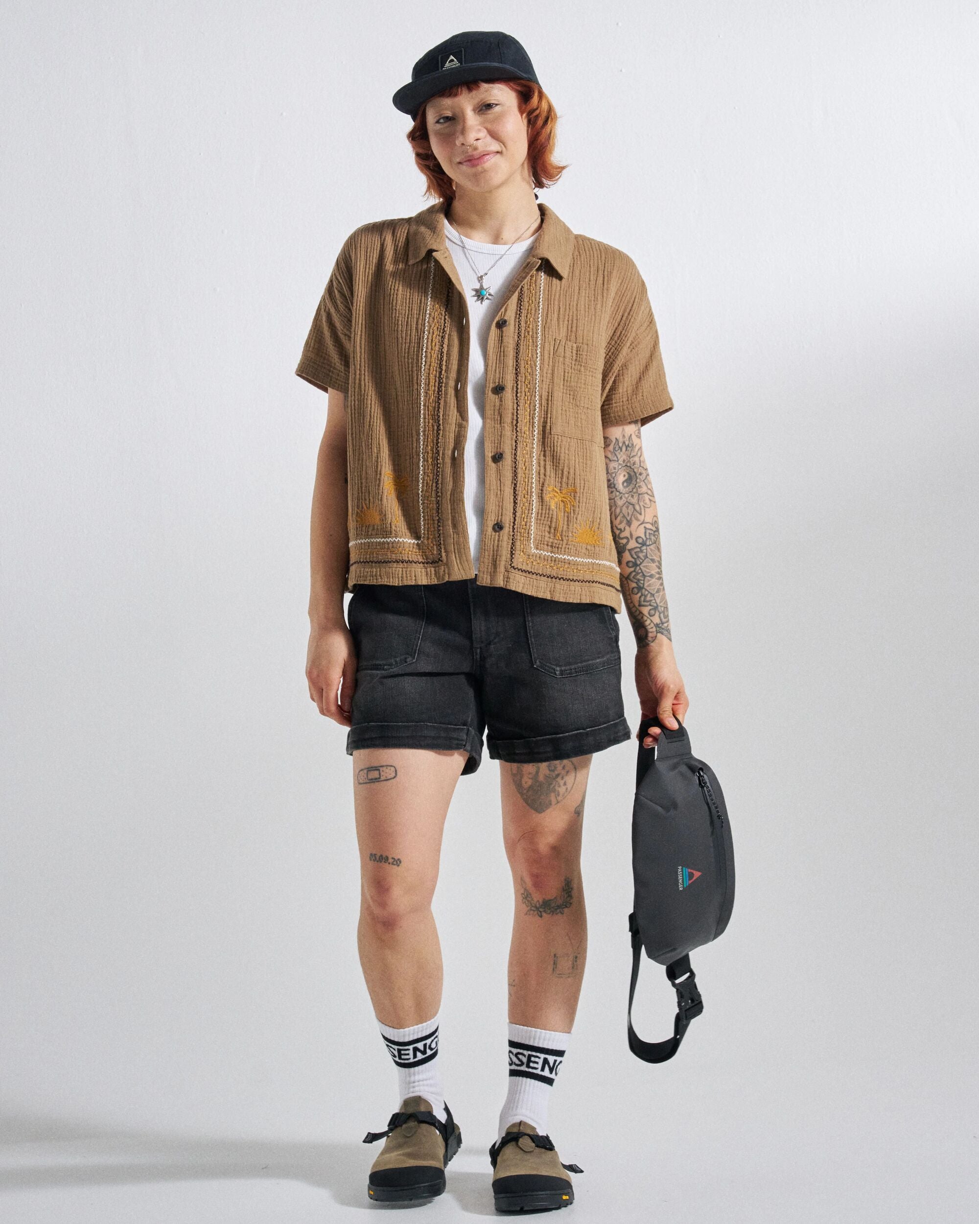 Waveney Short Sleeve Shirt - Caramel Brown - Studio Model