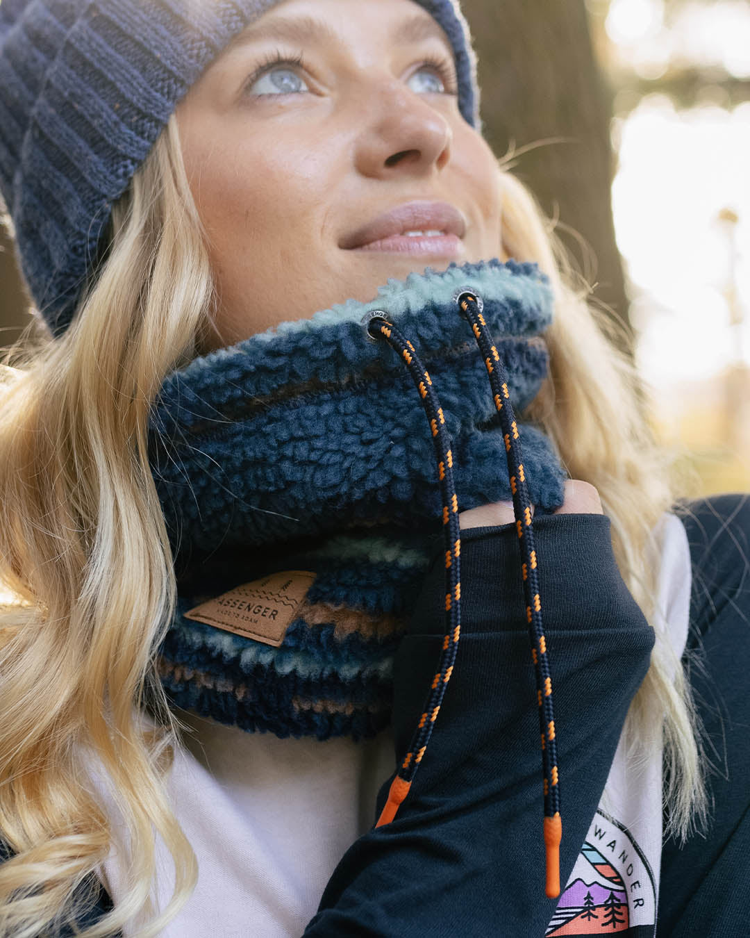 Womens_Mulled Recycled Sherpa Fleece Snood - Blue Coral Geo Pattern